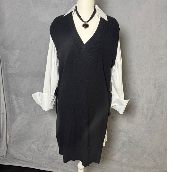 Elan Sweaters - Elan Size L Black Ribbed Sweater Vest White Button Down Mixed Media Mini Dress